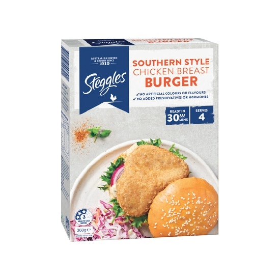 Steggles Southern Style Chicken Breast Burgers 360g – From the Freezer