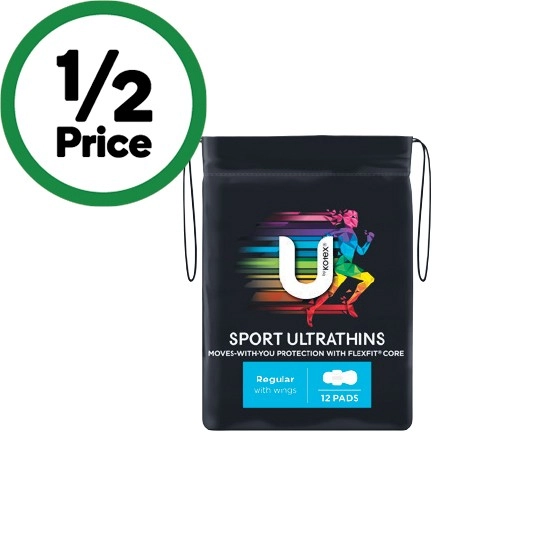 U by Kotex Sport Ultrathins Pads Regular with Wings Pk 12