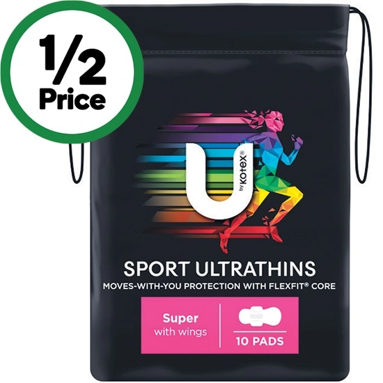 U by Kotex Sport Ultrathins Super Pads with Wings Pk 10