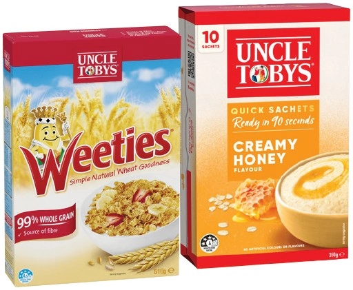 Uncle Tobys Oats Quick Sachets 8‑10 Pack or Weeties 510g Selected Varieties