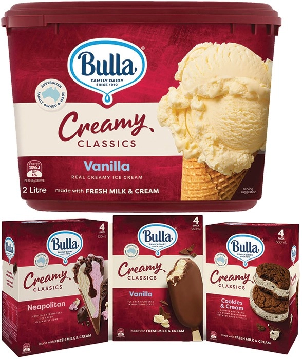 Bulla Creamy Classics Ice Cream 2 Litre and 4 Pack Selected Varieties