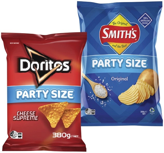 Smith’s Crinkle Cut, Doritos Corn Chips 380g or Red Rock Deli Chips Party Size 290g Selected Varieties