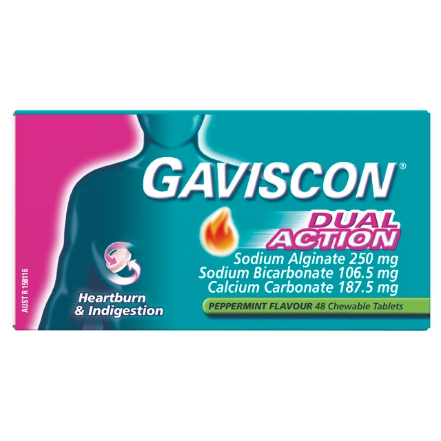 Gaviscon Dual Action Heartburn and Indigestion Relief Peppermint Flavour 48 Chewable Tablets