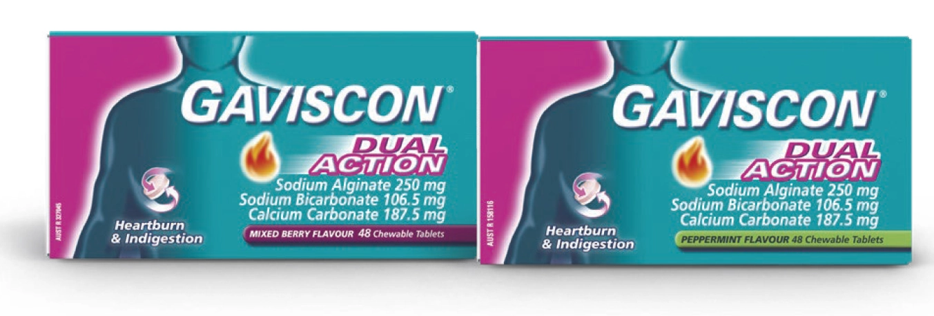 Gaviscon Dual Action Heartburn and Indigestion Relief Mixed Berry Flavour or Peppermint Flavour 48 Chewable Tablets