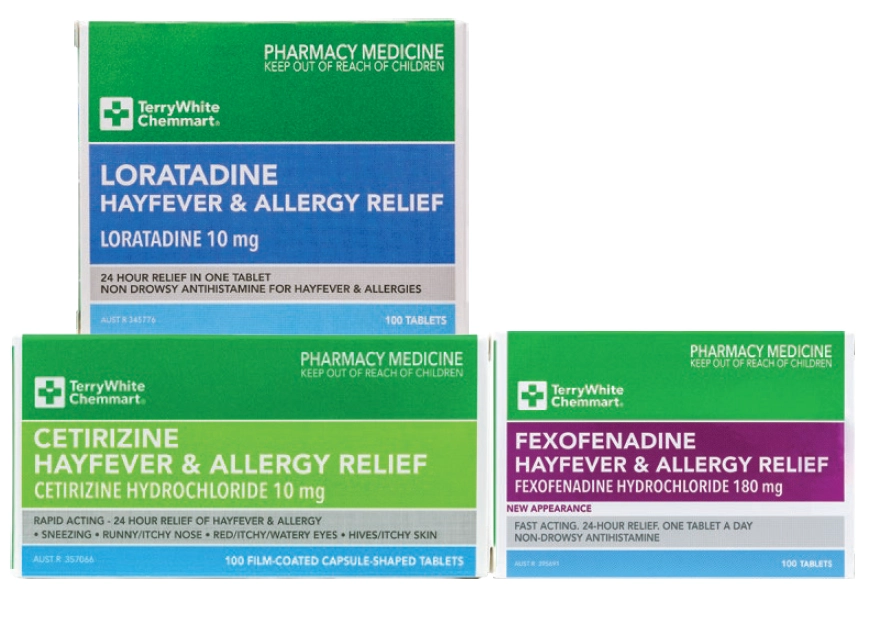 TerryWhite Chemmart Loratadine 10mg, Cetirizine Hay Fever & Allergy Relief 10mg, Fexofenadine 180mg 100 Tablets