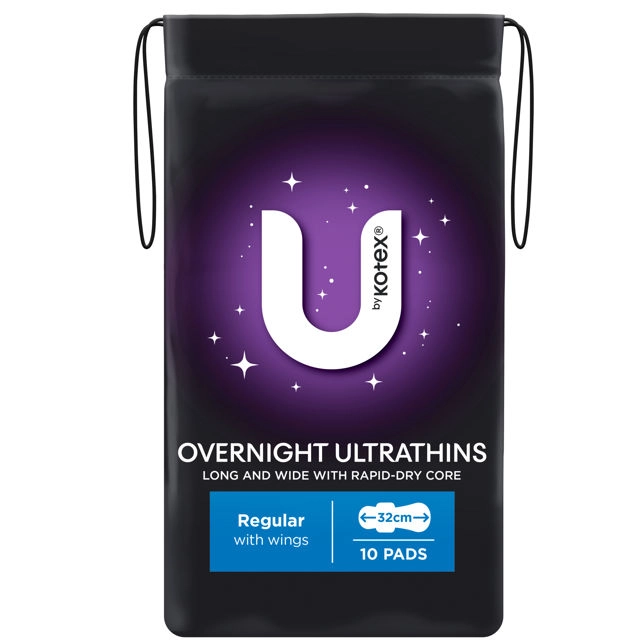 U By Kotex Pads Overnight Ultra Thin with Wings 10 Pack