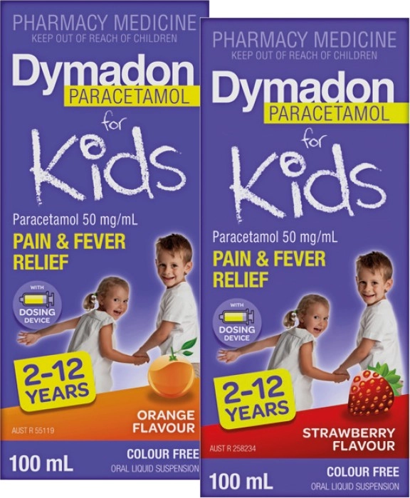 Dymadon Paracetamol for Kids 2-12 Years Orange or Strawberry Flavour 100mL