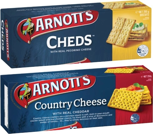 Arnott's Cheds or Country Cheese Crackers 250g