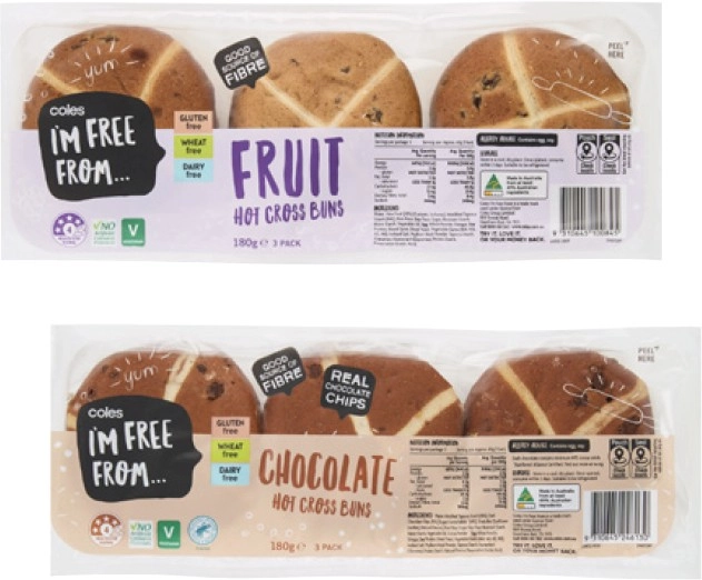 Coles I'm Free From Fruit Hot Cross Buns 3 Pack 180g