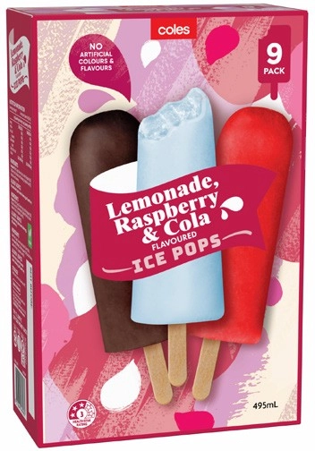 Coles Lemonade, Raspberry & Cola Ice Pops 9 Pack 495mL