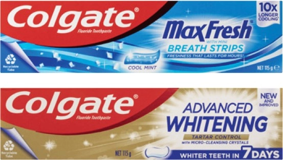 Colgate Advanced Whitening & Tartar or Max Fresh Toothpaste 115g