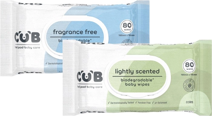 CUB Biodegradable Fragrance Free or Lightly Scented Baby Wipes 80 Pack