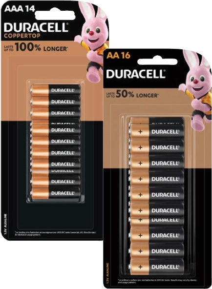 Duracell Coppertop Batteries AA 16 Pack or AAA 14 Pack