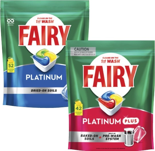 Fairy Platinum 52 Pack or Platinum Plus 42 Pack Dishwashing Tablets