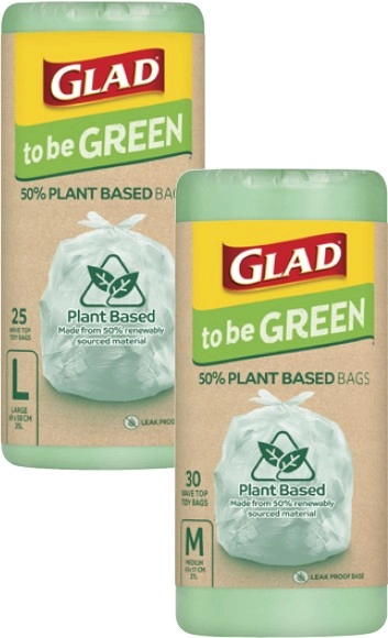 Glad To Be Green 50% Plant Based Wavetop Kitchen Tidy Bags Medium 30 Pack or Large 25 Pack