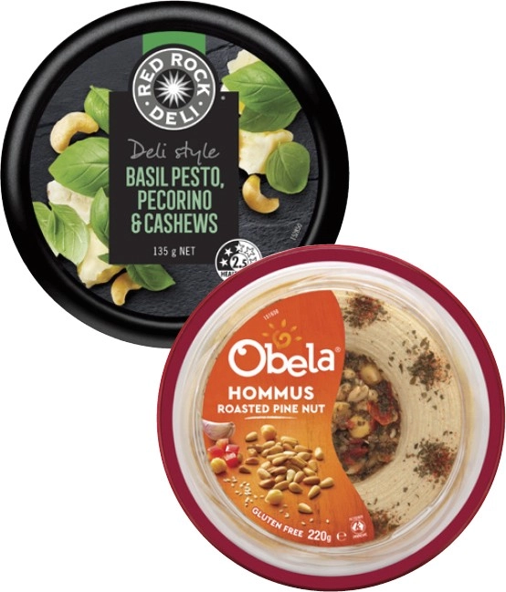 Obela Garnished Hommus 220g or Red Rock Deli Dip 135g