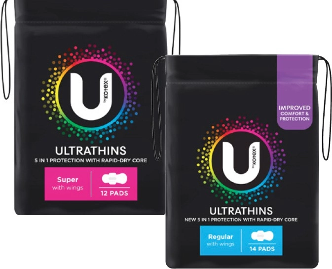 U By Kotex Ultra Thin Pads With Wings Regular 14 Pack or Super 12 Pack