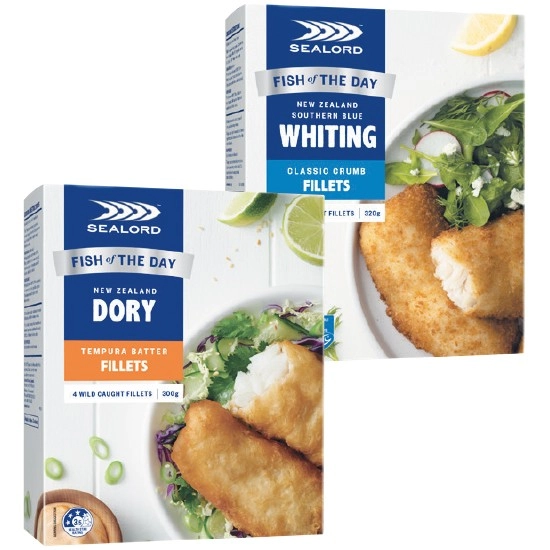 Sealord Dory or Whiting Fish 300-320g or Whiting or Hoki Fish Bites 400g – From the Freezer