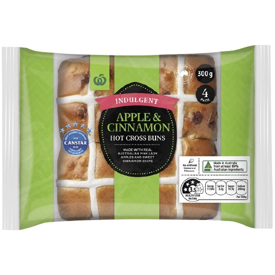 Woolworths Indulgent Apple & Cinnamon Hot Cross Buns Pk 4