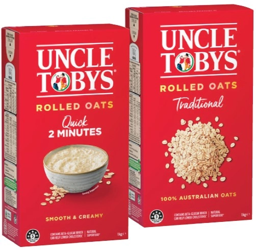 Uncle Tobys Traditional or Quick Rolled Oats 1kg