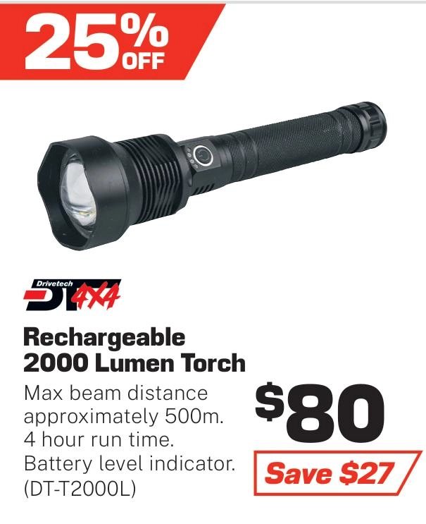 Drivetech 4X4 Rechargeable LED Torch, 2000 Lumen, 500m Beam Distance, 4 Hour Run Time