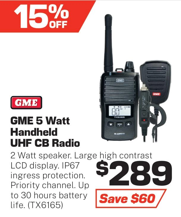 GME 5/1 Watt UHF CB Handheld Radio Including Accessories - TX6165