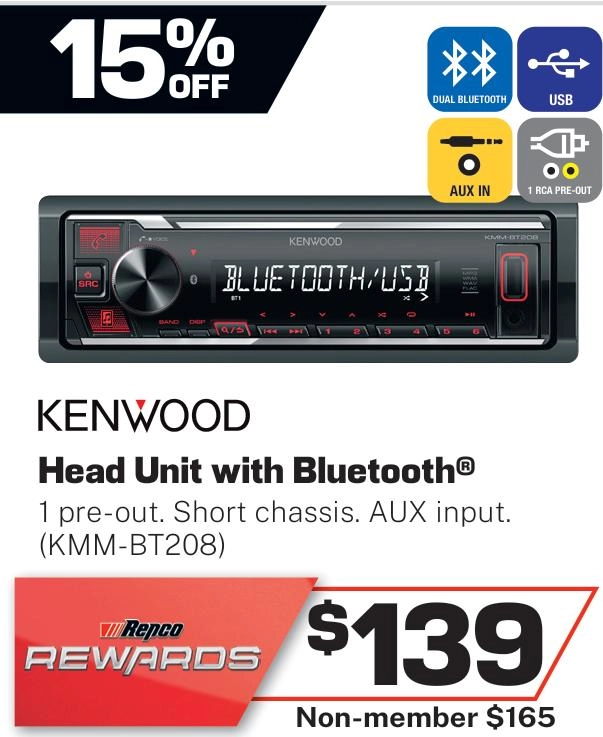 Kenwood Head Unit with Bluetooth/USB - KMM-BT208