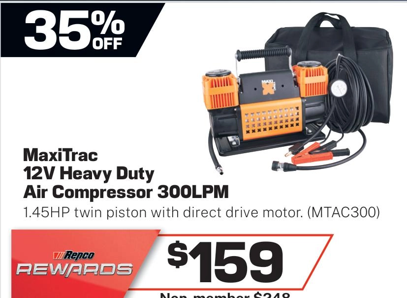 Maxitrac 12v Heavy Duty Air Compressor Dual 300 LPM - MTAC300