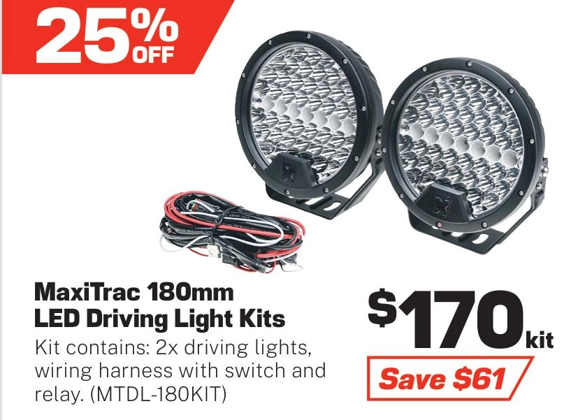 Maxitrac 180mm LED Driving Light Kit, 13777 Lumens, Waterproof, Wiring Harness Included - MTDL-180KIT