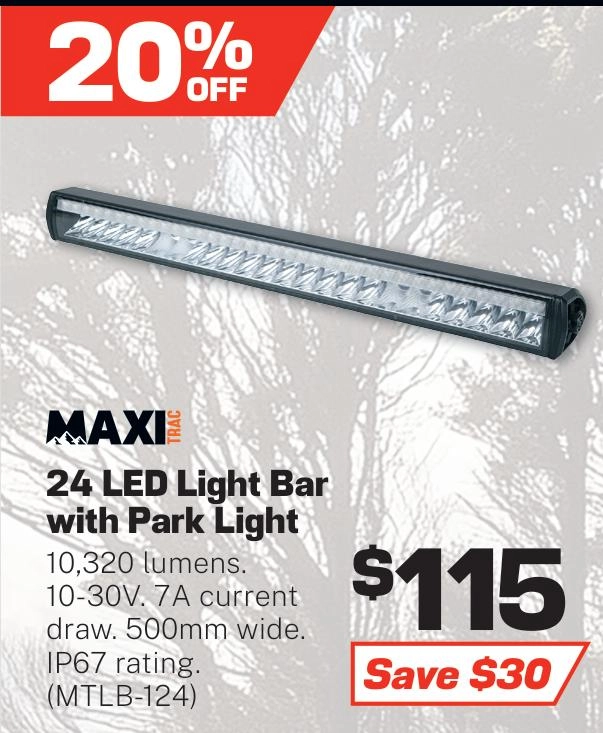 MaxiTrac 24 LED Light Bar, 500mm Long, Integrated Park Light, 10320 Lumens - MTLB-124