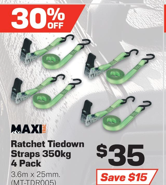 MaxiTrac Ratchet Tie Down Straps 3.6m x 25mm, 350kg - 4 Pack