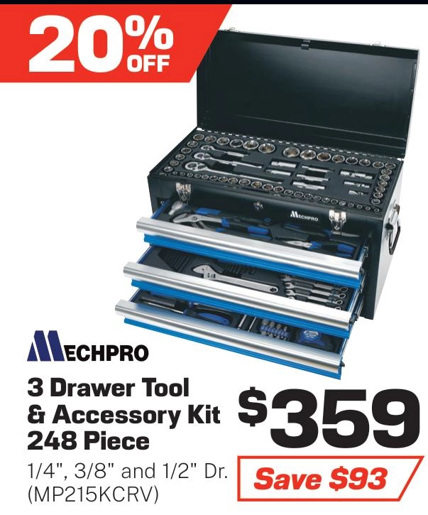 Mechpro 248 Piece Tool Kit with 3 Drawer Chest - MP215KCRV