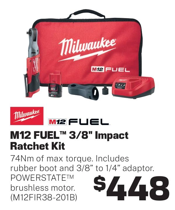 Milwaukee M12 FUEL 3/8In Impact Ratchet Kit - M12FIR38-201B