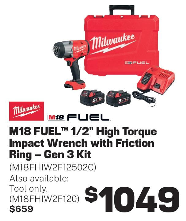 Milwaukee M18 FUEL 1/2in High Torque Impact Wrench with Friction Ring - Gen 3 Kit - M18FHIW2F12502C