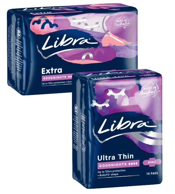 Libra Goodnights Ultra Thin Pads or Goodnights Extra Long Pads with Wings 10 Pack