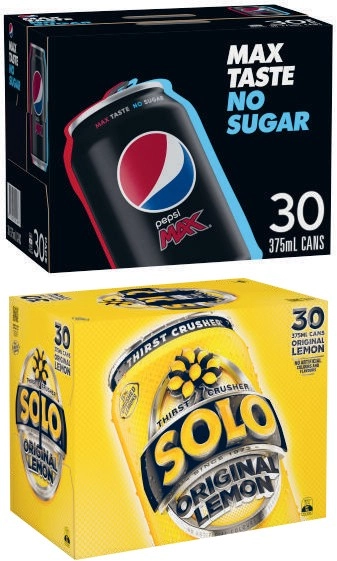 Pepsi, Solo or Schweppes Soft Drink 30x375mL