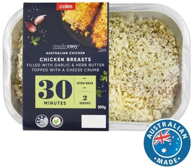 Coles Made Easy Chicken Breast Garlic Herb Butter Topped with Cheese Crumb 500g