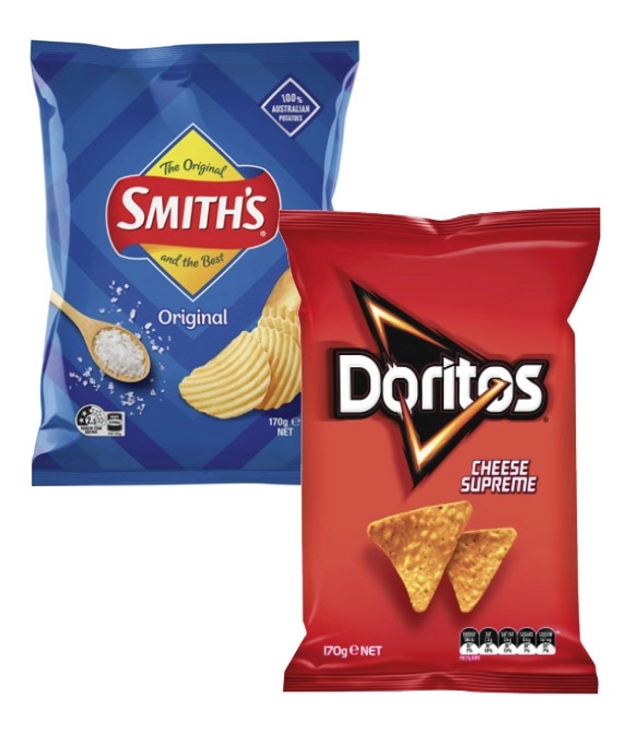 Smith's Crinkle Cut Potato Chips 150g-170g, Oven Baked Chips 130g, Double Crunch 150g or Doritos Corn Chips 150g-170g