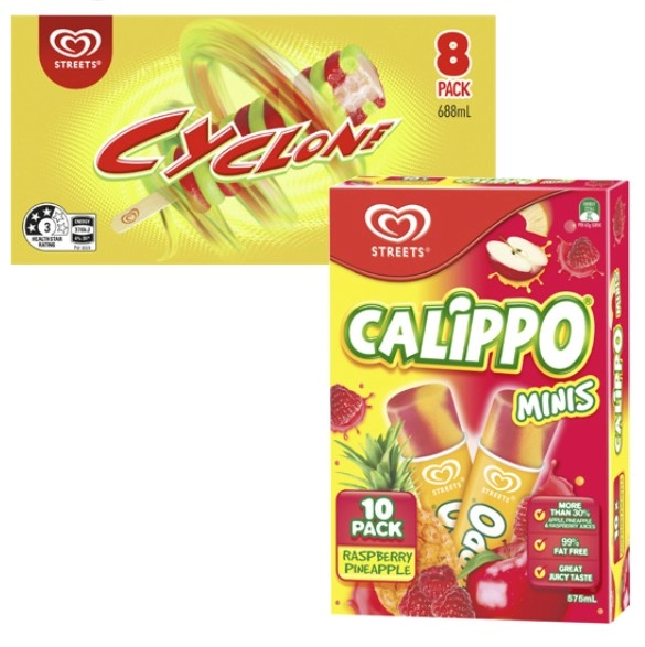 Streets Calippo 6 Pack 575mL or Cyclone 8 Pack 688mL