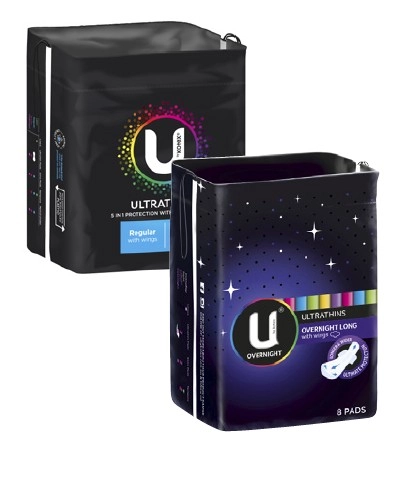 U By Kotex Ultra Thin Pads with Wings Regular 14 Pack or Extra Overnight Long 8 Pack