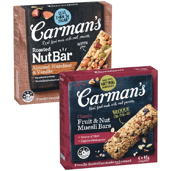 Carman’s Nut Bars or Muesli Bars 150-270g Pk 5/6