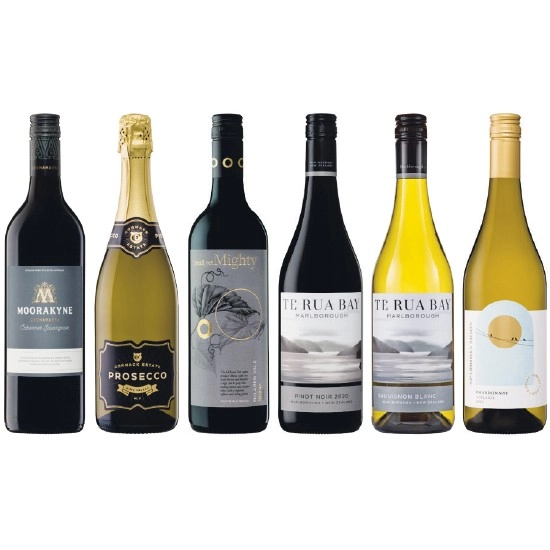 Moorakyne Cabernet Sauvignon, Cormack Estate Prosecco, Small Yet Mighty Shiraz, Te Rua Bay Pinot Noir, Te Rua Bay Sauvignon Blanc OR Sparrows Moon Chardonnay 750ml