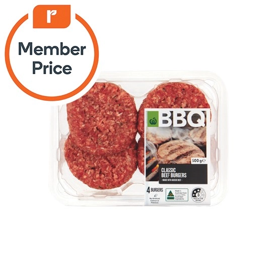 Woolworths BBQ Classic Beef Burgers 500g