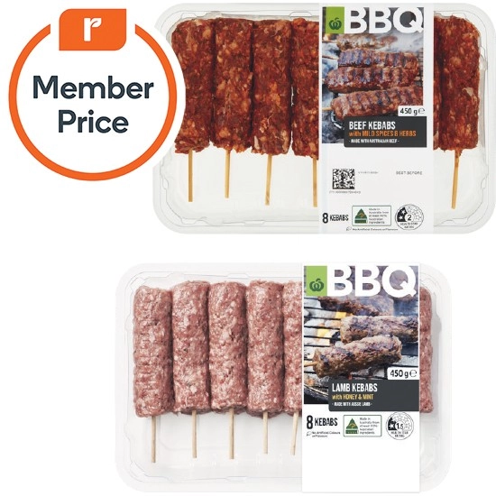 Woolworths BBQ Lamb, Beef or Pork Kebabs 450g