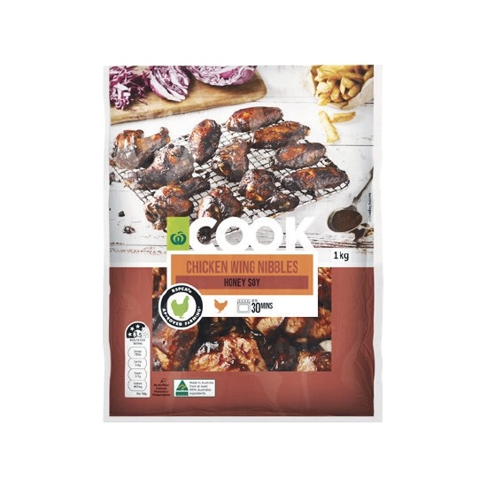 Woolworths COOK Chicken Wing Nibbles Honey Soy 1 kg with RSPCA Approved Chicken – From the Meat Dept