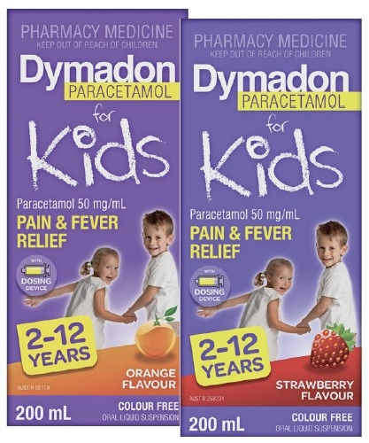 Dymadon Paracetamol for Kids 2-12 Years Orange or Strawberry Flavour 200mL