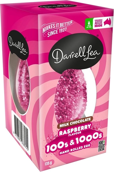 Darrell Lea Milk Chocolate Raspberry Flavour 100s & 1000s Hand Rolled Egg 135g