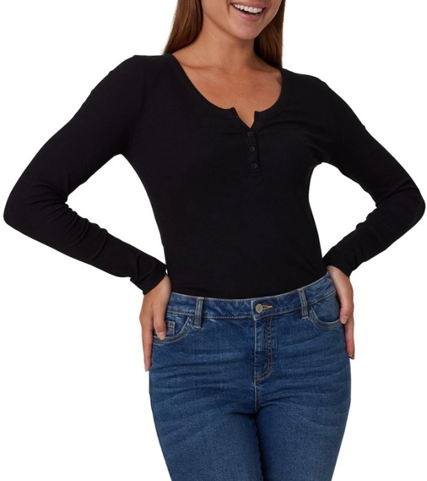 &me Women’s Long Sleeve Henley Top - Black