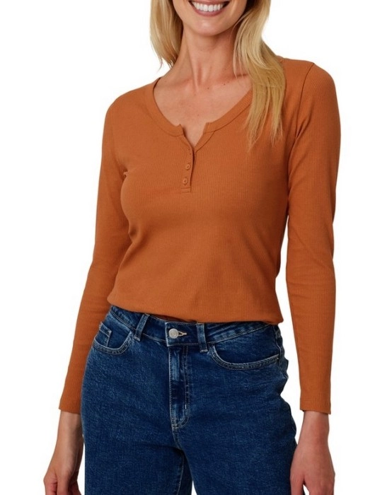 &me Women’s Long Sleeve Henley Top - Pecan