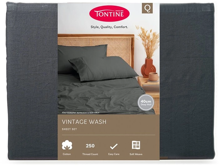 Tontine Vintage Wash Sheet Set Queen - Charcoal*